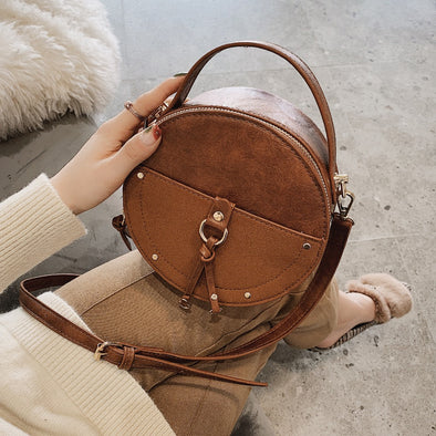 Vintage Scrub Leather Round Designer Crossbody Bag For Women 2019 PU Leather Shoulder Bags Ladies Small Handbags Mini Tote Bag